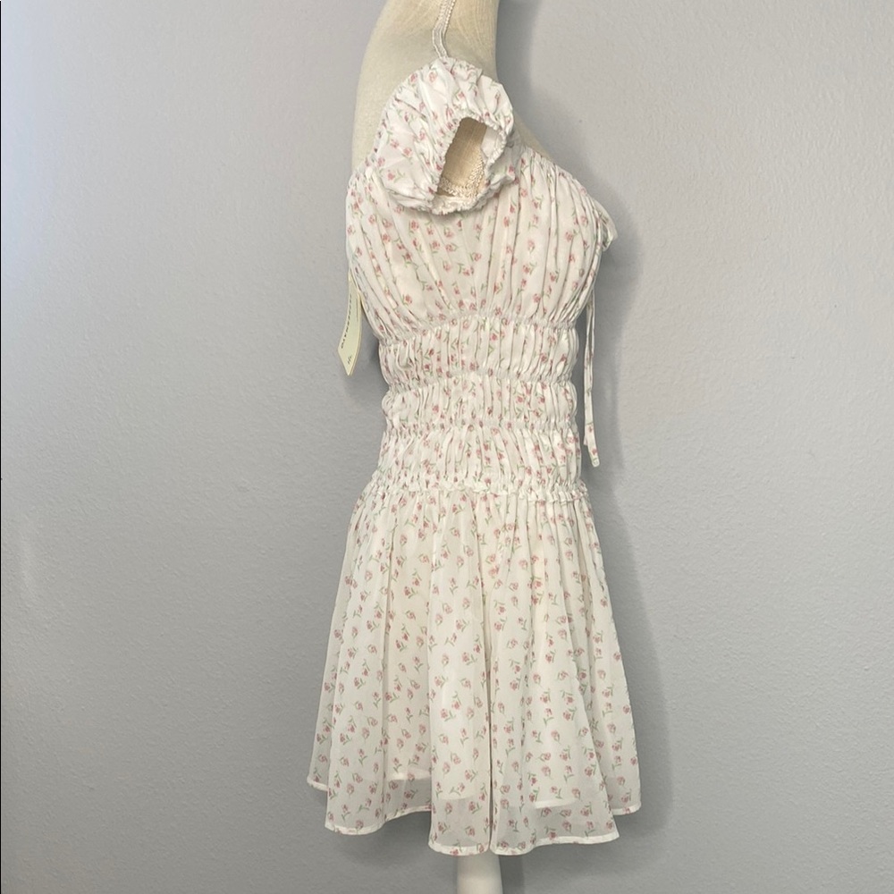 PEPPERMAYO Total Bliss Shirred Off-Shoulder White Floral Mini Dresses - Picture 5 of 8